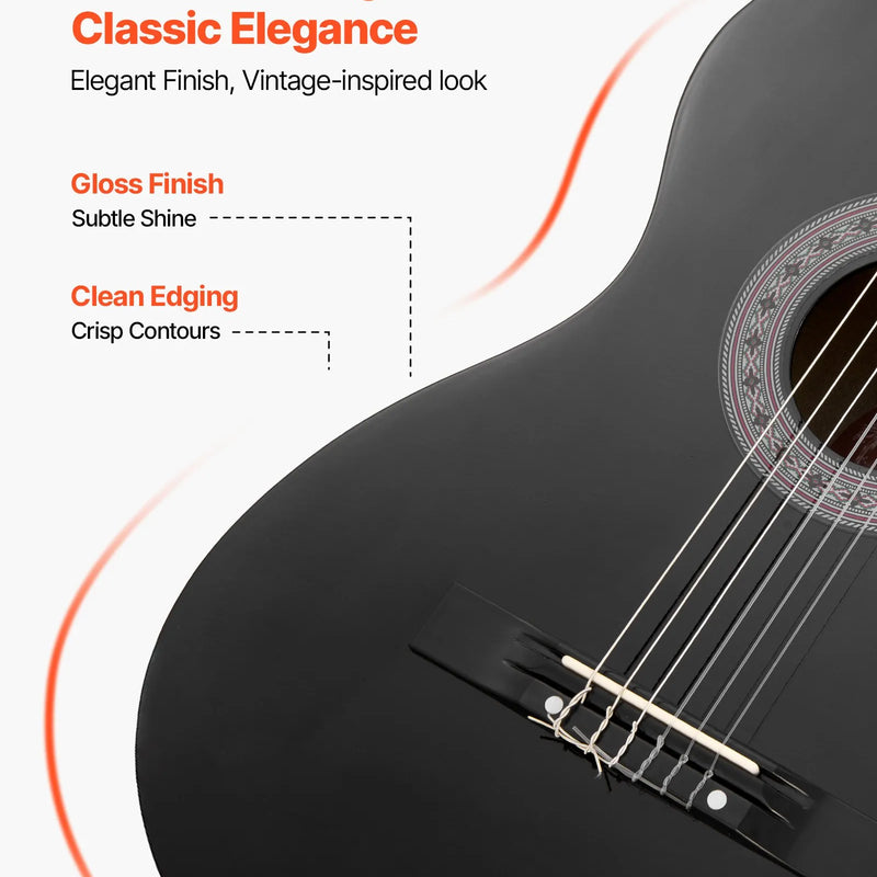 VEVOR klasiskā ģitāra, 960 mm, koka ģitāras starterkomplekts iesācējiem ar neilona stīgām, pārnēsājamo somu, siksnu, skaņotāju, papildu stīgām, mediatoriem un kapo; liepas koks, piemērota pusaudžiem, pieaugušajiem un studentiem, melna