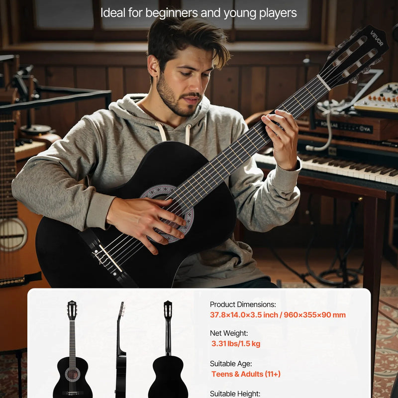 VEVOR klasiskā ģitāra, 960 mm, koka ģitāras starterkomplekts iesācējiem ar neilona stīgām, pārnēsājamo somu, siksnu, skaņotāju, papildu stīgām, mediatoriem un kapo; liepas koks, piemērota pusaudžiem, pieaugušajiem un studentiem, melna