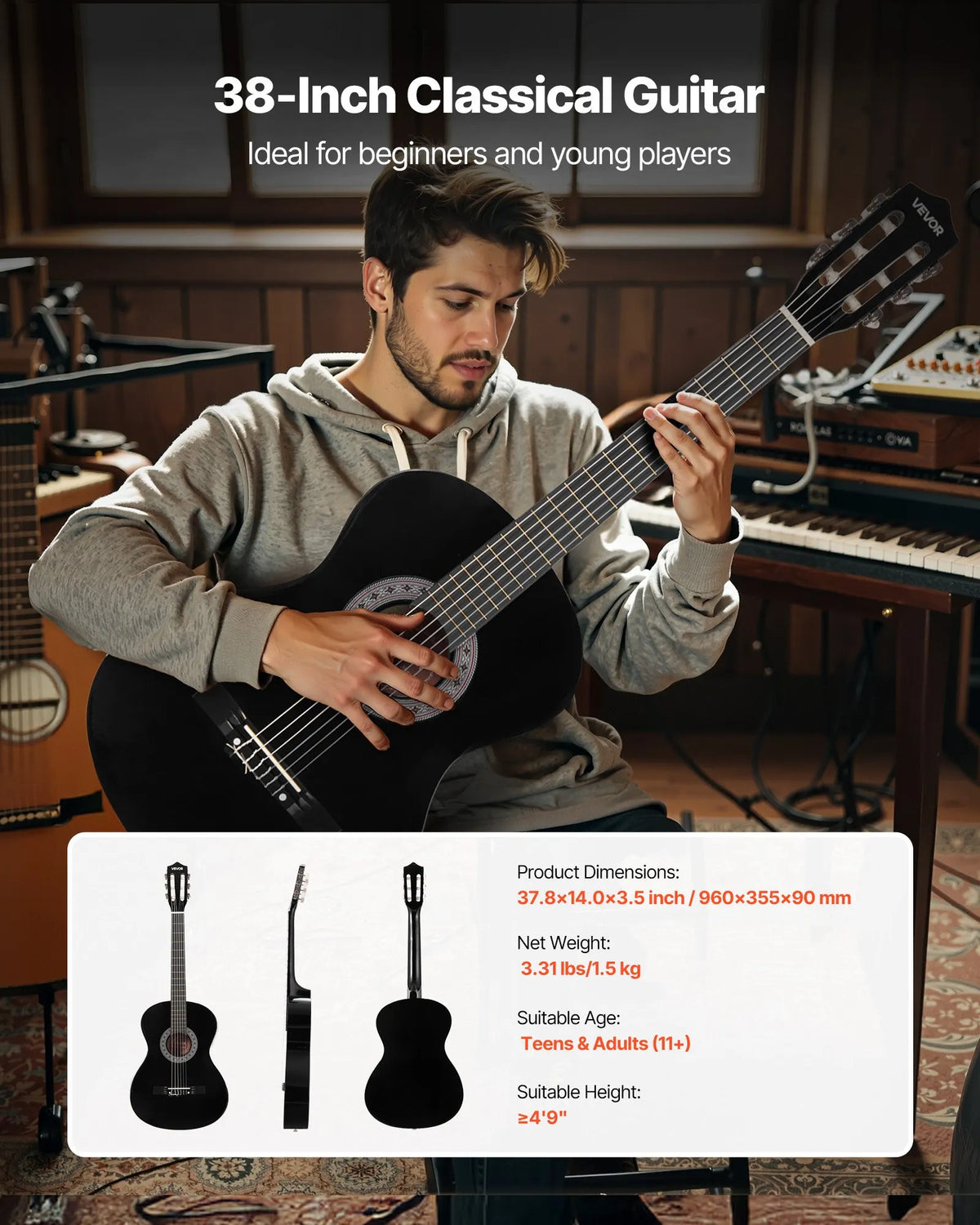 VEVOR Classical Guitar 960 mm with Nylon Strings, Beginner Kit with Bag, Strap, Tuner and Capo, Black