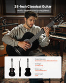VEVOR klasiskā ģitāra, 960 mm, koka ģitāras starterkomplekts iesācējiem ar neilona stīgām, pārnēsājamo somu, siksnu, skaņotāju, papildu stīgām, mediatoriem un kapo; liepas koks, piemērota pusaudžiem, pieaugušajiem un studentiem, melna