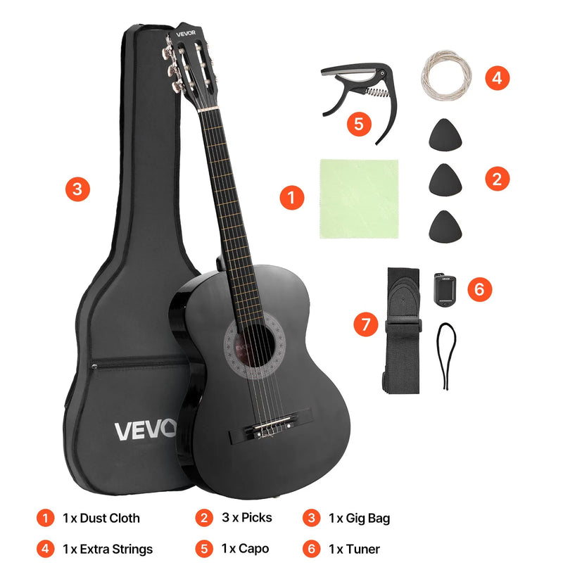 VEVOR klasiskā ģitāra, 960 mm, koka ģitāras starterkomplekts iesācējiem ar neilona stīgām, pārnēsājamo somu, siksnu, skaņotāju, papildu stīgām, mediatoriem un kapo; liepas koks, piemērota pusaudžiem, pieaugušajiem un studentiem, melna