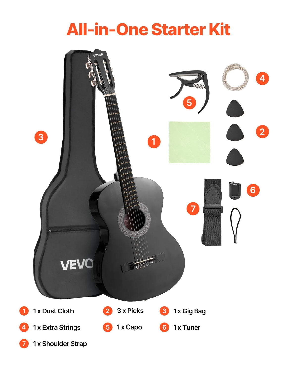 VEVOR Classical Guitar 960 mm with Nylon Strings, Beginner Kit with Bag, Strap, Tuner and Capo, Black