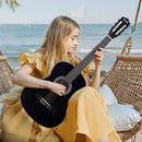 VEVOR klasiskā ģitāra, 960 mm, koka ģitāras starterkomplekts iesācējiem ar neilona stīgām, pārnēsājamo somu, siksnu, skaņotāju, papildu stīgām, mediatoriem un kapo; liepas koks, piemērota pusaudžiem, pieaugušajiem un studentiem, melna