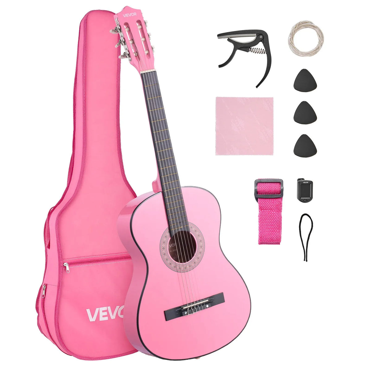 VEVOR Classical Guitar 960 mm with Nylon Strings, Beginner Kit with Bag, Strap, Tuner and Capo, Pink