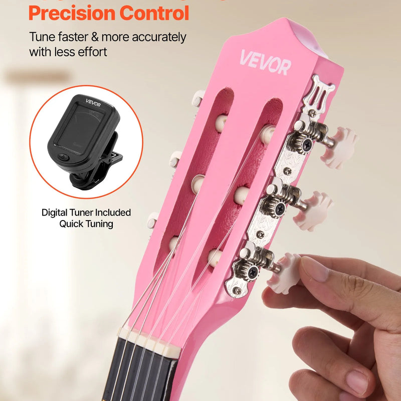 VEVOR klasiskā ģitāra 960 mm, basskoka modelis ar neilona stīgām, iesācēju komplekts ar somu, siksnu, skaņotāju, stīgām, mediatoriem un kapo, rozā krāsa