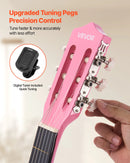 VEVOR klasiskā ģitāra 960 mm, basskoka modelis ar neilona stīgām, iesācēju komplekts ar somu, siksnu, skaņotāju, stīgām, mediatoriem un kapo, rozā krāsa