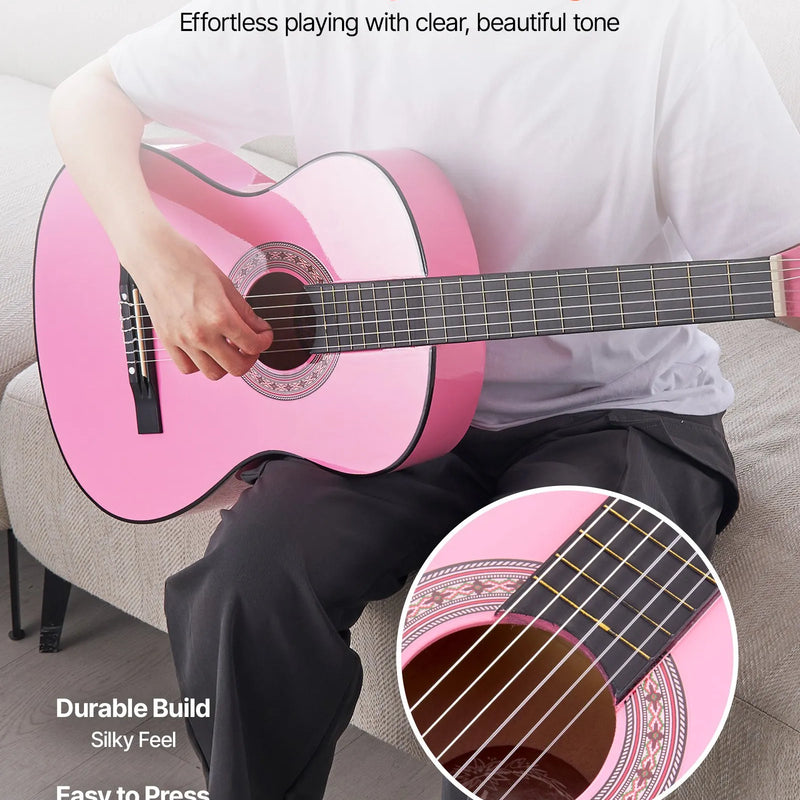 VEVOR klasiskā ģitāra 960 mm, basskoka modelis ar neilona stīgām, iesācēju komplekts ar somu, siksnu, skaņotāju, stīgām, mediatoriem un kapo, rozā krāsa