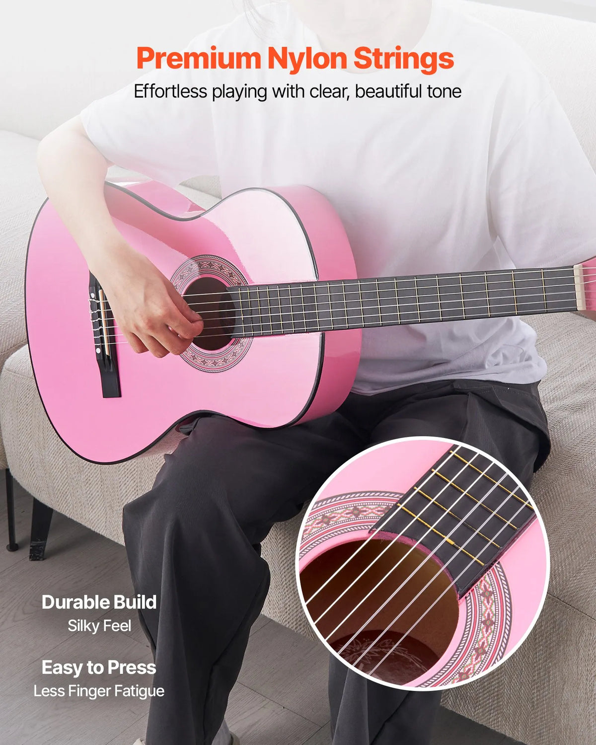 VEVOR Classical Guitar 960 mm with Nylon Strings, Beginner Kit with Bag, Strap, Tuner and Capo, Pink