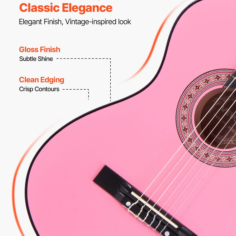 VEVOR klasiskā ģitāra 960 mm, basskoka modelis ar neilona stīgām, iesācēju komplekts ar somu, siksnu, skaņotāju, stīgām, mediatoriem un kapo, rozā krāsa