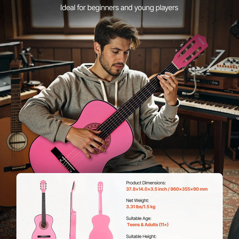 VEVOR klasiskā ģitāra 960 mm, basskoka modelis ar neilona stīgām, iesācēju komplekts ar somu, siksnu, skaņotāju, stīgām, mediatoriem un kapo, rozā krāsa