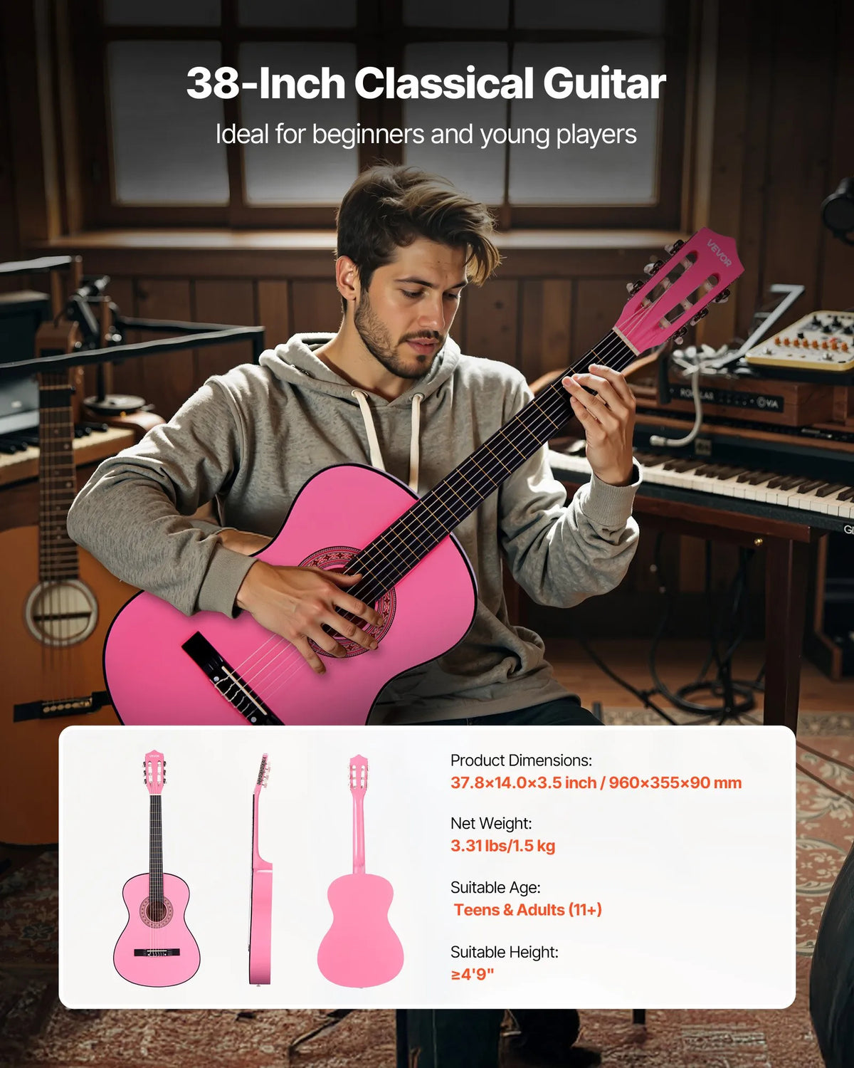 VEVOR Classical Guitar 960 mm with Nylon Strings, Beginner Kit with Bag, Strap, Tuner and Capo, Pink