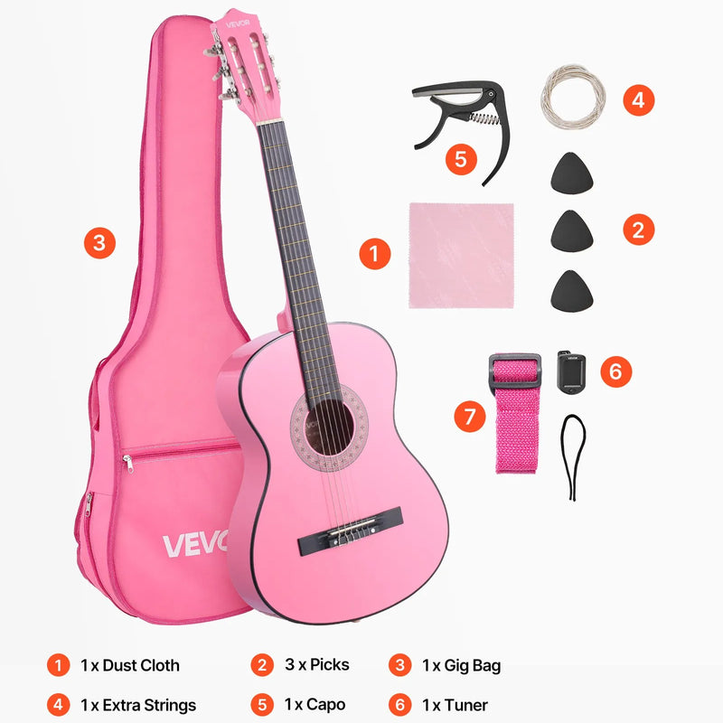 VEVOR klasiskā ģitāra 960 mm, basskoka modelis ar neilona stīgām, iesācēju komplekts ar somu, siksnu, skaņotāju, stīgām, mediatoriem un kapo, rozā krāsa