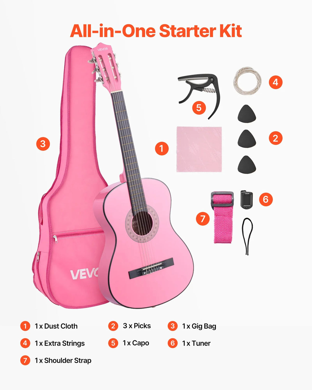 VEVOR Classical Guitar 960 mm with Nylon Strings, Beginner Kit with Bag, Strap, Tuner and Capo, Pink