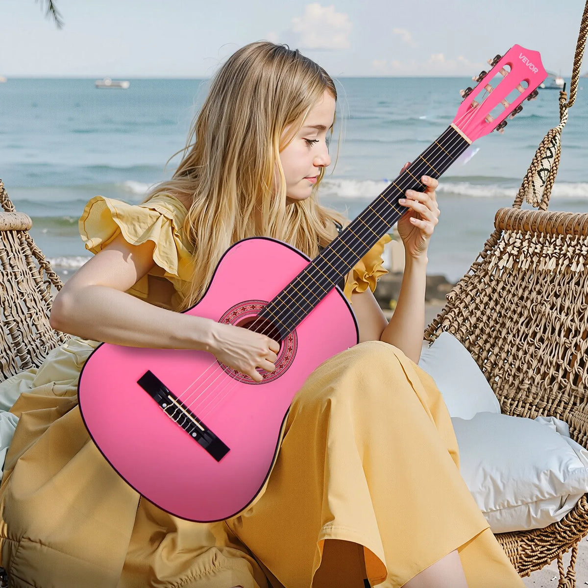VEVOR Classical Guitar 960 mm with Nylon Strings, Beginner Kit with Bag, Strap, Tuner and Capo, Pink
