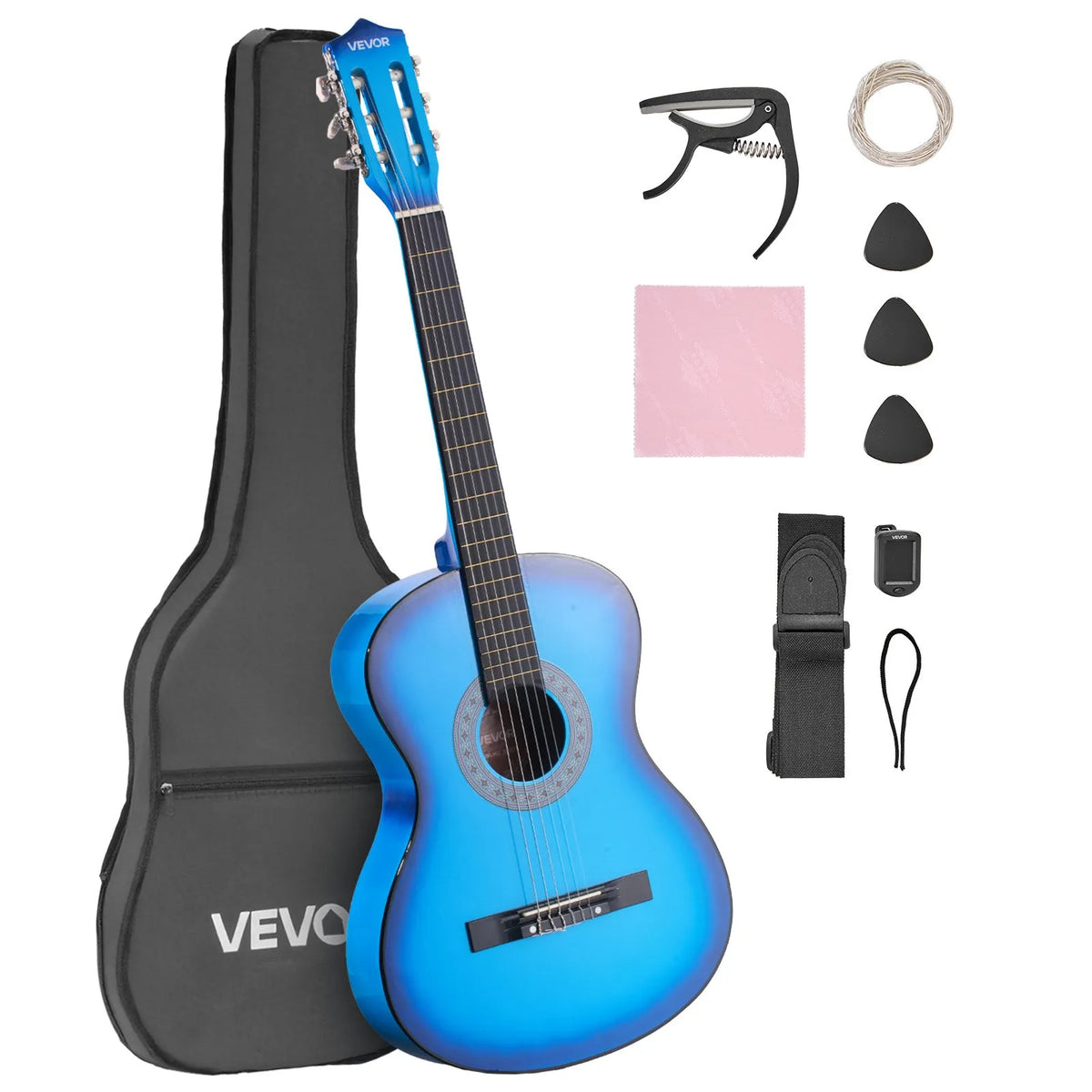 VEVOR Classical Guitar 960 mm with Nylon Strings, Beginner Kit with Bag, Strap, Tuner and Capo, Blue