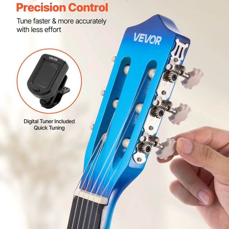 VEVOR klasiskā ģitāra 960 mm ar neilona stīgām un iesācēju piederumu komplektu (soma, siksna, skaņotājs, stīgas, plektri, kapo), liepu koka korpuss, zila