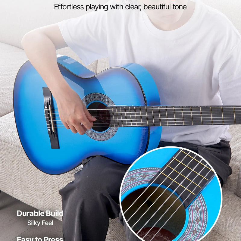 VEVOR klasiskā ģitāra 960 mm ar neilona stīgām un iesācēju piederumu komplektu (soma, siksna, skaņotājs, stīgas, plektri, kapo), liepu koka korpuss, zila