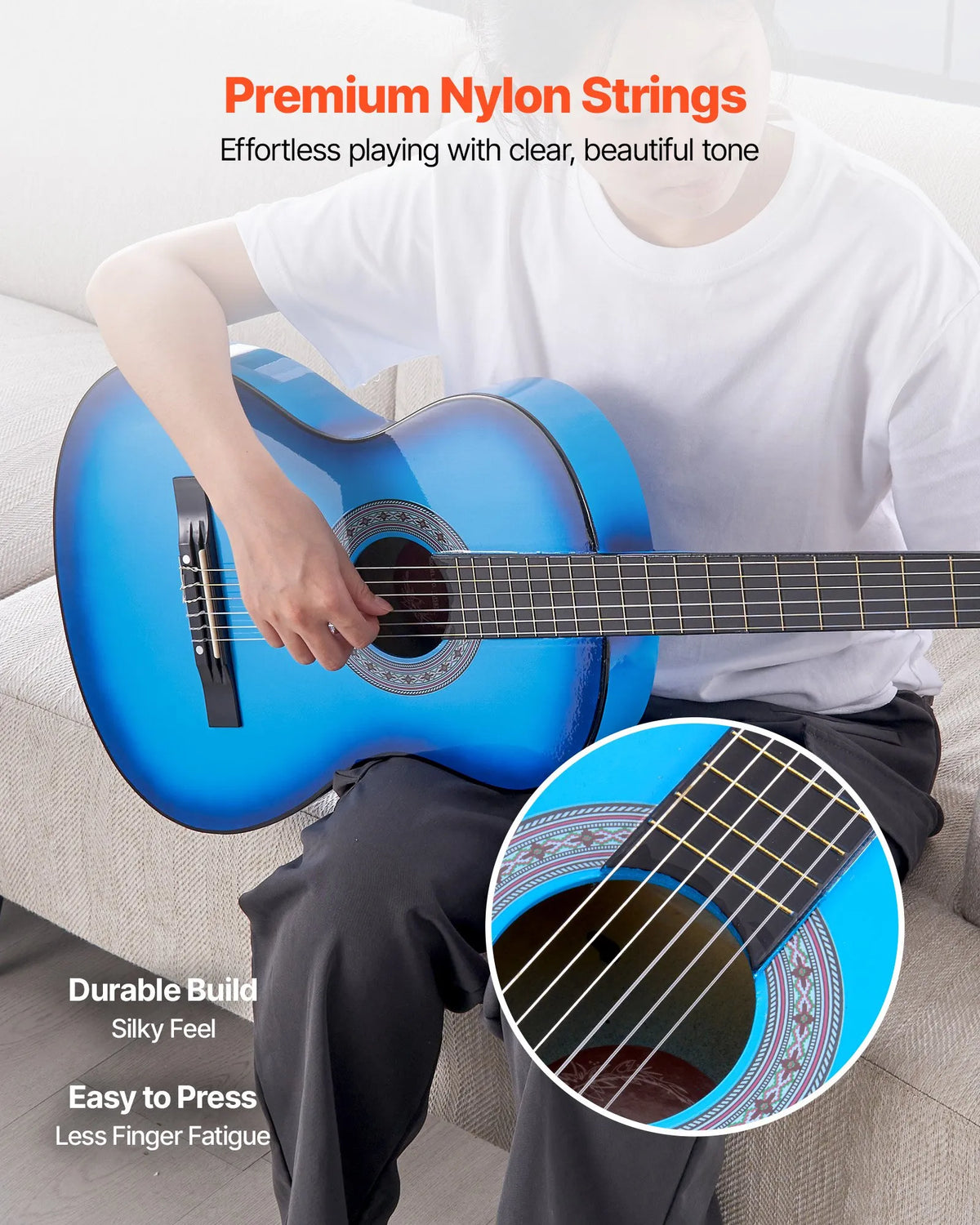 VEVOR Classical Guitar 960 mm with Nylon Strings, Beginner Kit with Bag, Strap, Tuner and Capo, Blue