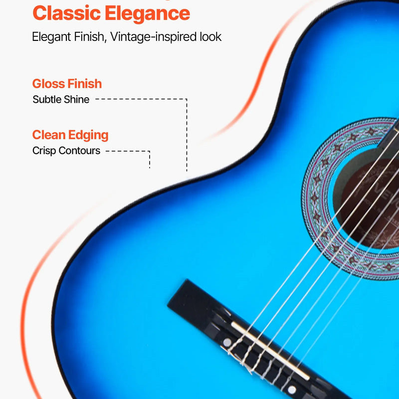 VEVOR klasiskā ģitāra 960 mm ar neilona stīgām un iesācēju piederumu komplektu (soma, siksna, skaņotājs, stīgas, plektri, kapo), liepu koka korpuss, zila
