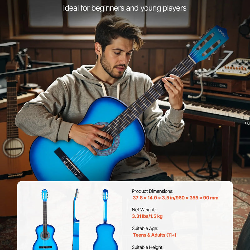 VEVOR klasiskā ģitāra 960 mm ar neilona stīgām un iesācēju piederumu komplektu (soma, siksna, skaņotājs, stīgas, plektri, kapo), liepu koka korpuss, zila