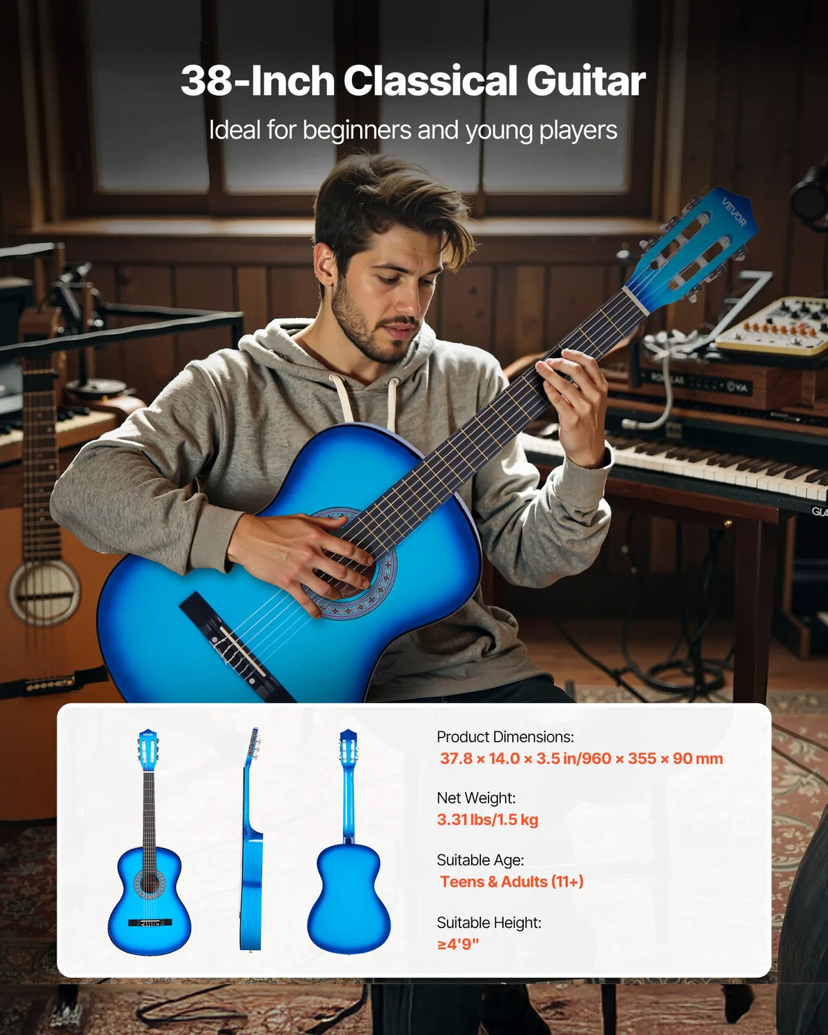 VEVOR Classical Guitar 960 mm with Nylon Strings, Beginner Kit with Bag, Strap, Tuner and Capo, Blue
