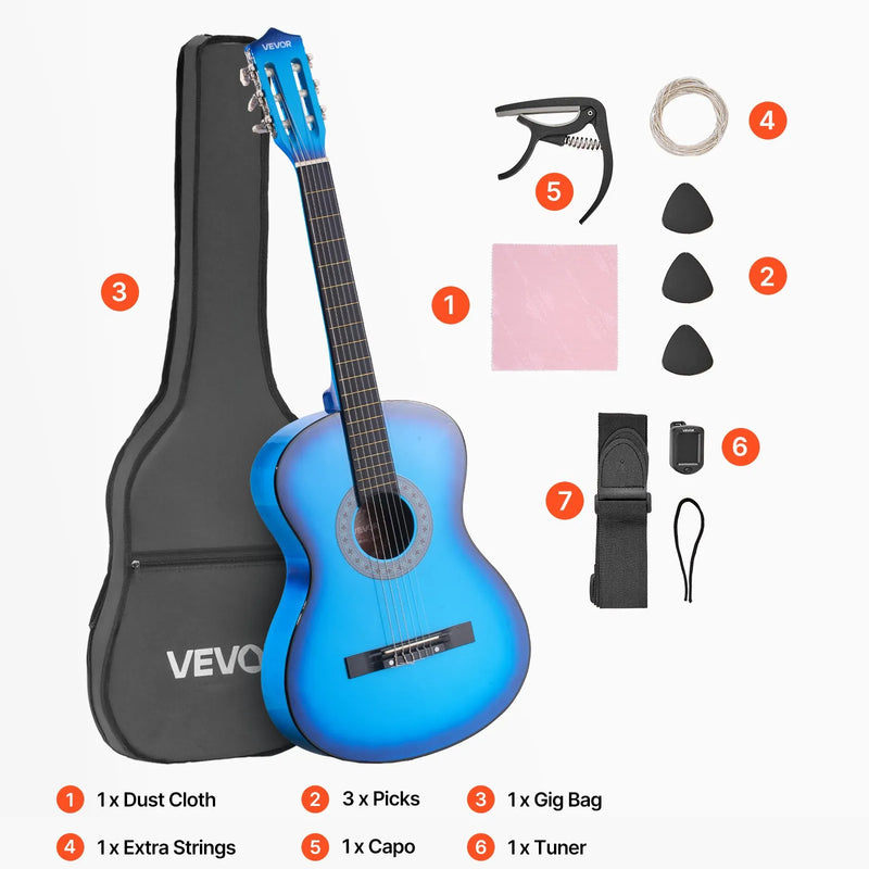 VEVOR klasiskā ģitāra 960 mm ar neilona stīgām un iesācēju piederumu komplektu (soma, siksna, skaņotājs, stīgas, plektri, kapo), liepu koka korpuss, zila