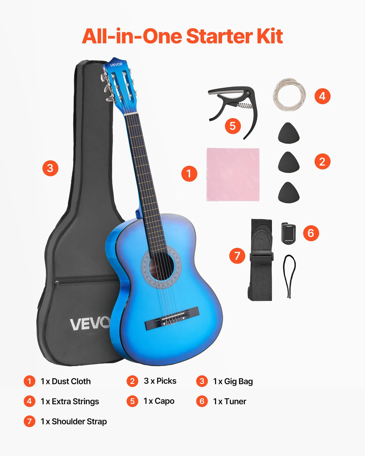 VEVOR Classical Guitar 960 mm with Nylon Strings, Beginner Kit with Bag, Strap, Tuner and Capo, Blue