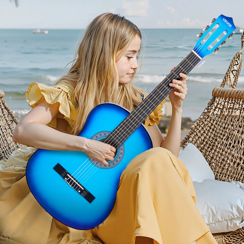VEVOR klasiskā ģitāra 960 mm ar neilona stīgām un iesācēju piederumu komplektu (soma, siksna, skaņotājs, stīgas, plektri, kapo), liepu koka korpuss, zila