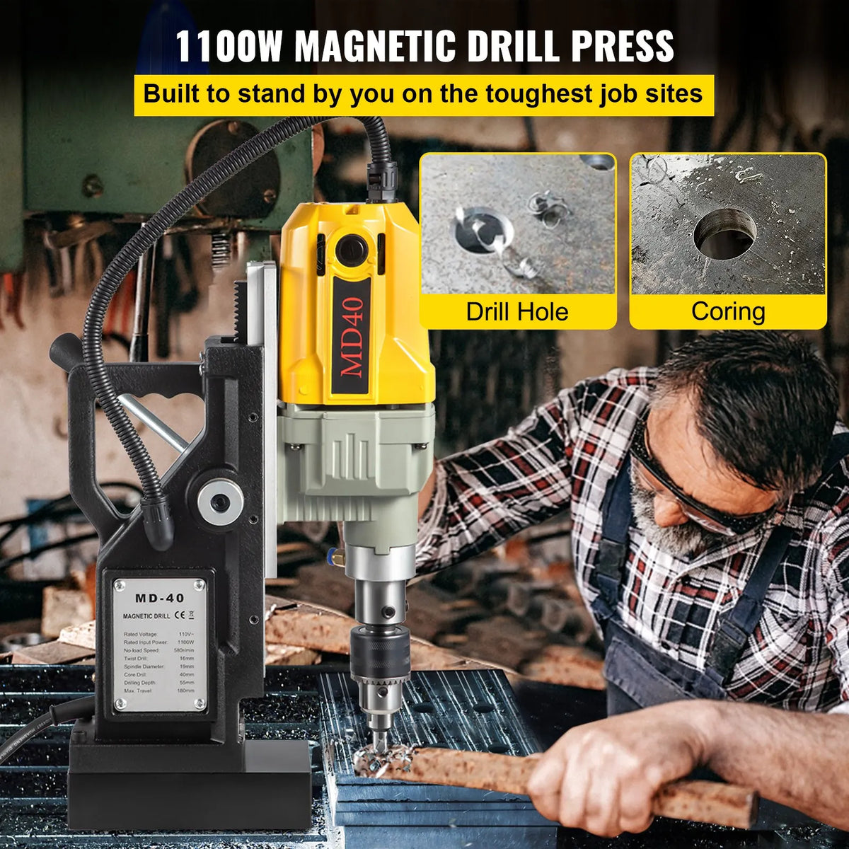 VEVOR 1100 W Magnetic Drill Press with 40 mm Drilling Diameter, 12000 N Holding Force and 12 Drill Bits, 580 RPM Portable Electric Drill Press for Metal and Home Work