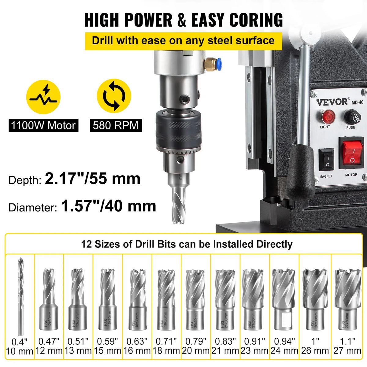 VEVOR 1100 W Magnetic Drill Press with 40 mm Drilling Diameter, 12000 N Holding Force and 12 Drill Bits, 580 RPM Portable Electric Drill Press for Metal and Home Work