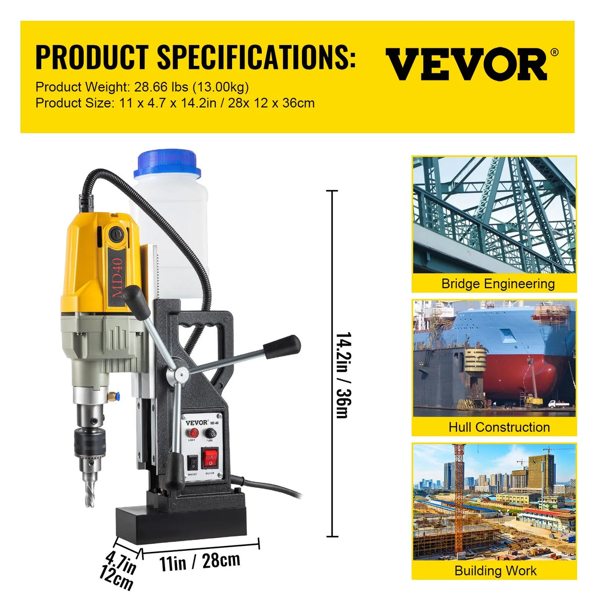 VEVOR 1100 W Magnetic Drill Press with 40 mm Drilling Diameter, 12000 N Holding Force and 12 Drill Bits, 580 RPM Portable Electric Drill Press for Metal and Home Work