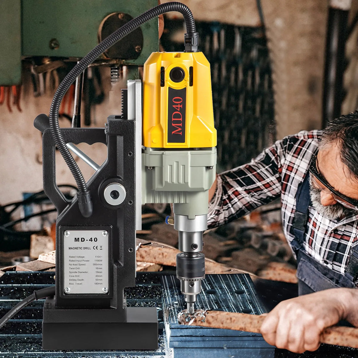 VEVOR 1100 W Magnetic Drill Press with 40 mm Drilling Diameter, 12000 N Holding Force and 12 Drill Bits, 580 RPM Portable Electric Drill Press for Metal and Home Work