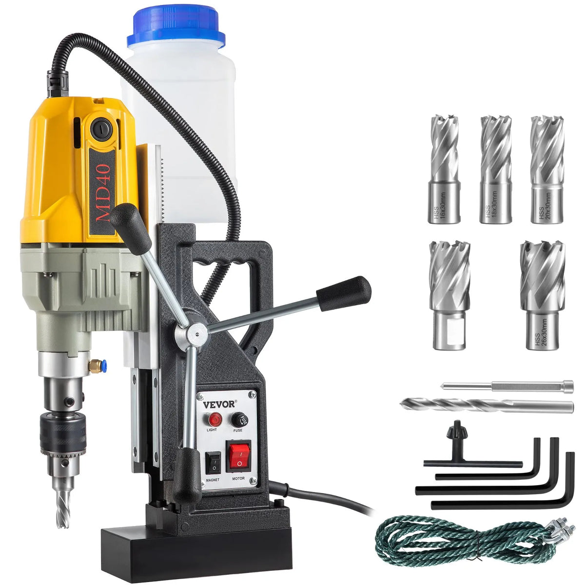 VEVOR 1100 W Magnetic Drill Press with 40 mm Drilling Diameter, 12000 N Holding Force and 7 Drill Bits, 580 RPM Portable Drill for Metalworking and Home Tasks