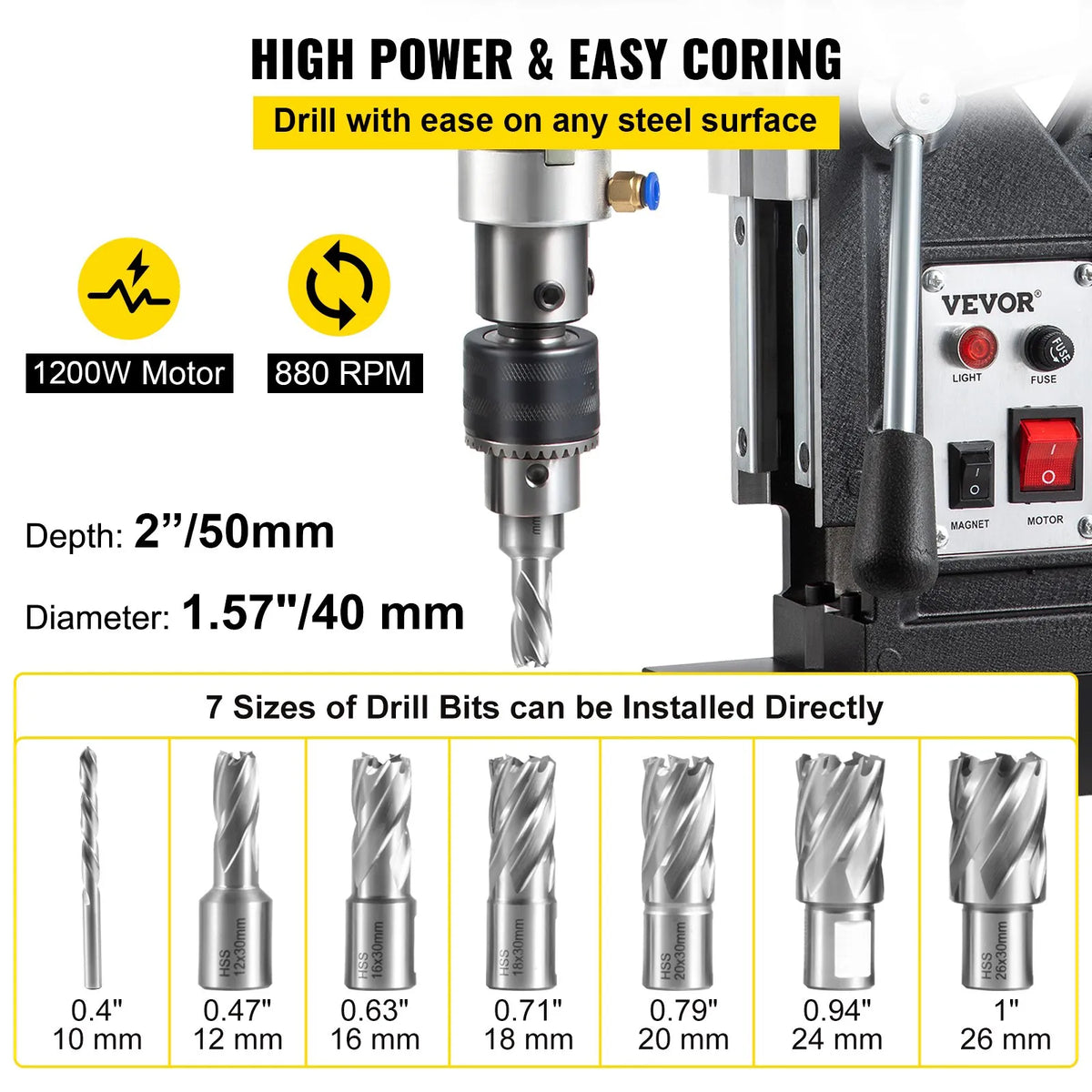 VEVOR 1100 W Magnetic Drill Press with 40 mm Drilling Diameter, 12000 N Holding Force and 7 Drill Bits, 580 RPM Portable Drill for Metalworking and Home Tasks