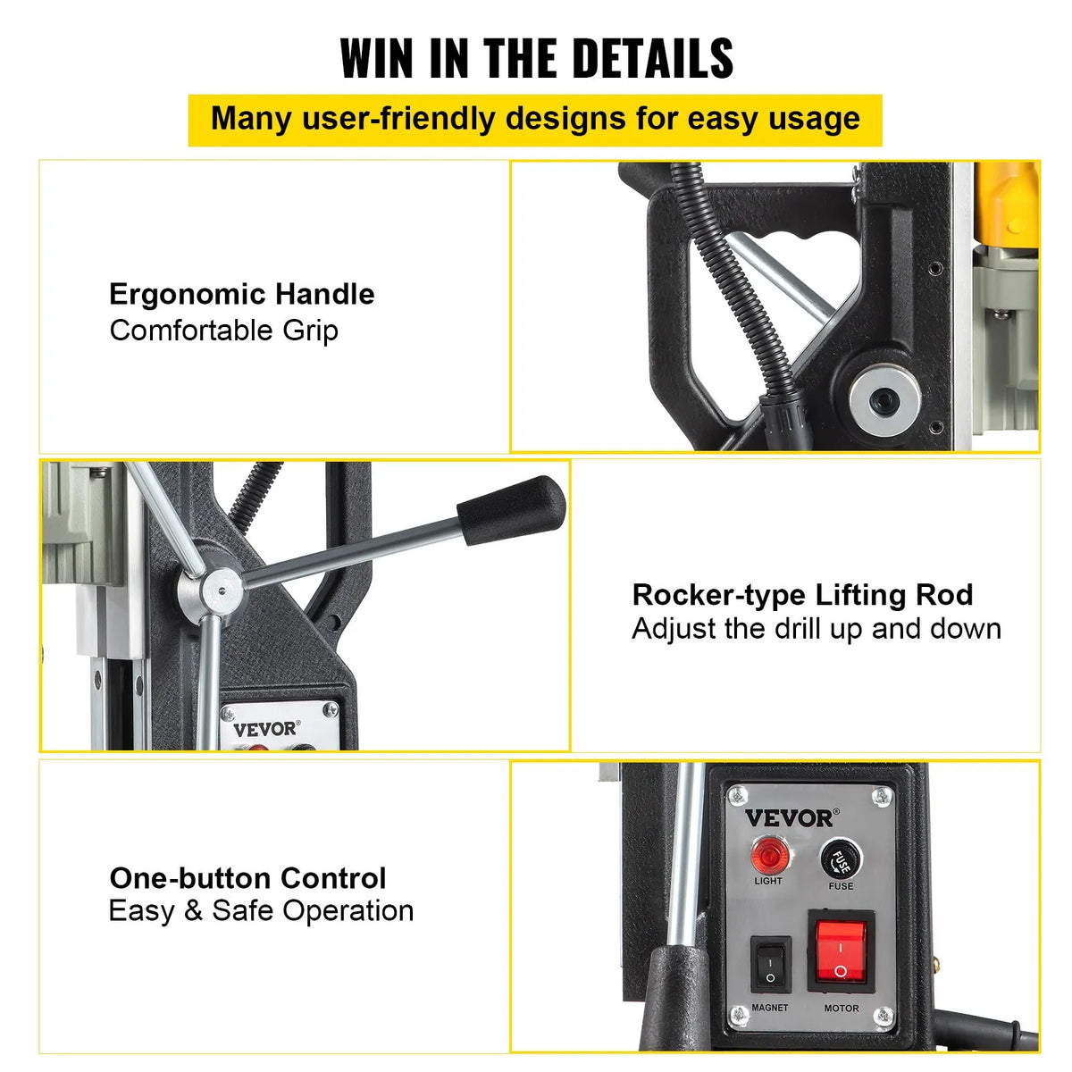 VEVOR 1100 W Magnetic Drill Press with 40 mm Drilling Diameter, 12000 N Holding Force and 7 Drill Bits, 580 RPM Portable Drill for Metalworking and Home Tasks
