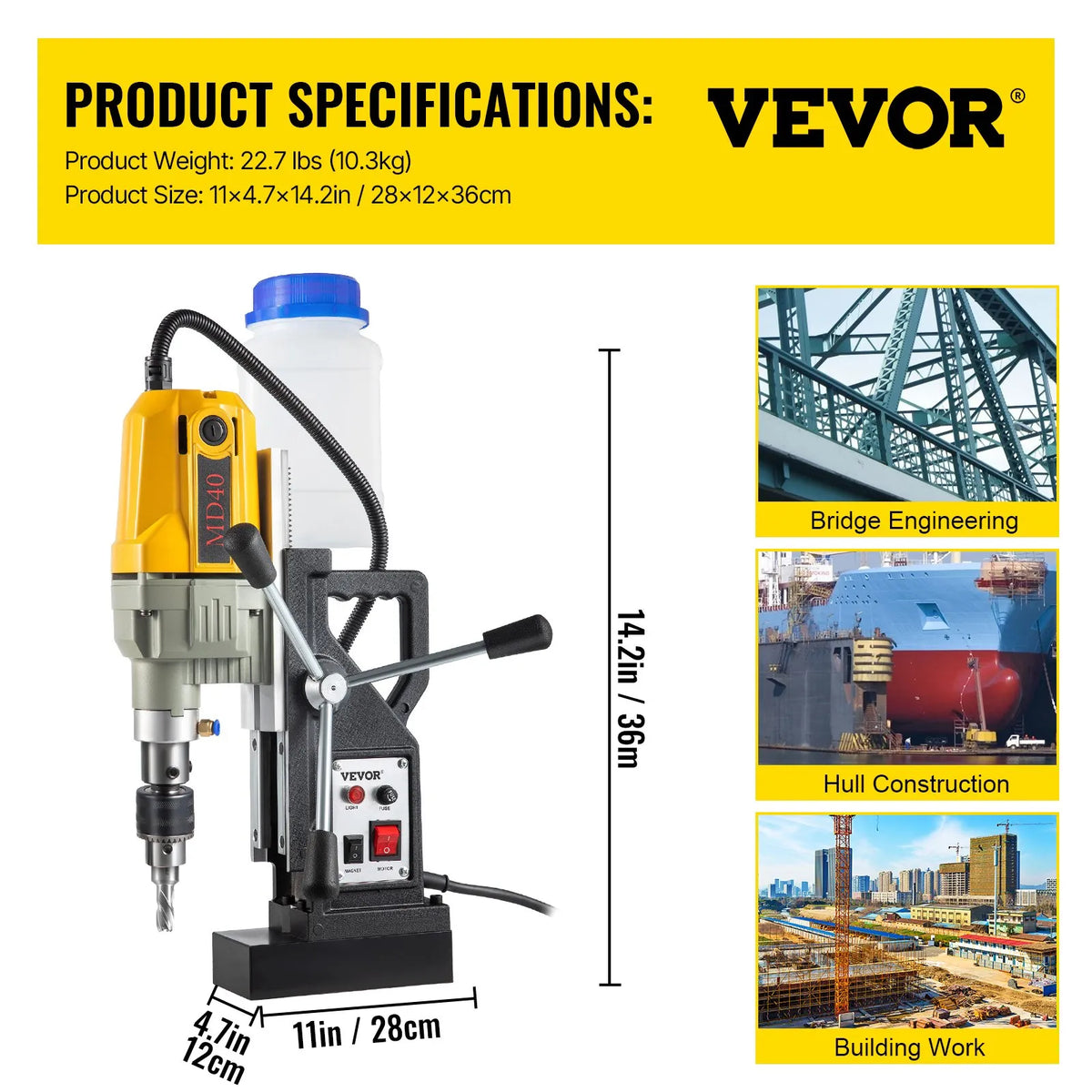 VEVOR 1100 W Magnetic Drill Press with 40 mm Drilling Diameter, 12000 N Holding Force and 7 Drill Bits, 580 RPM Portable Drill for Metalworking and Home Tasks