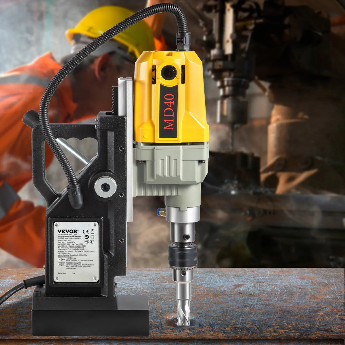 VEVOR 1100 W Magnetic Drill Press with 40 mm Drilling Diameter, 12000 N Holding Force and 7 Drill Bits, 580 RPM Portable Drill for Metalworking and Home Tasks