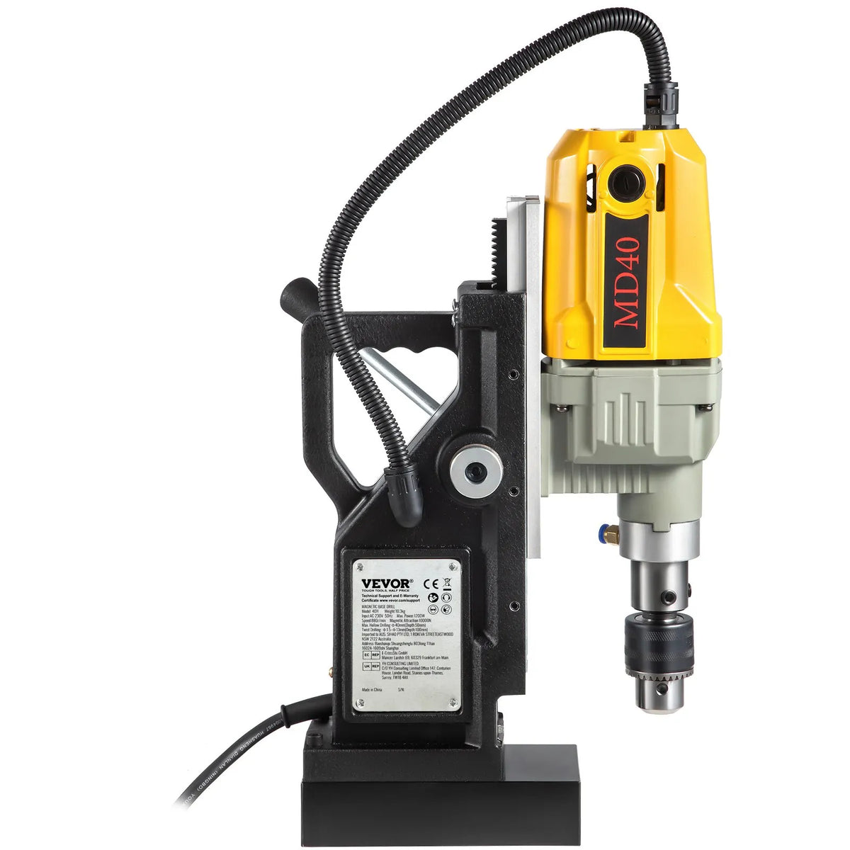 VEVOR 1100 W Magnetic Drill Press with 40 mm Drilling Diameter, 12000 N Holding Force and 7 Drill Bits, 580 RPM Portable Drill for Metalworking and Home Tasks