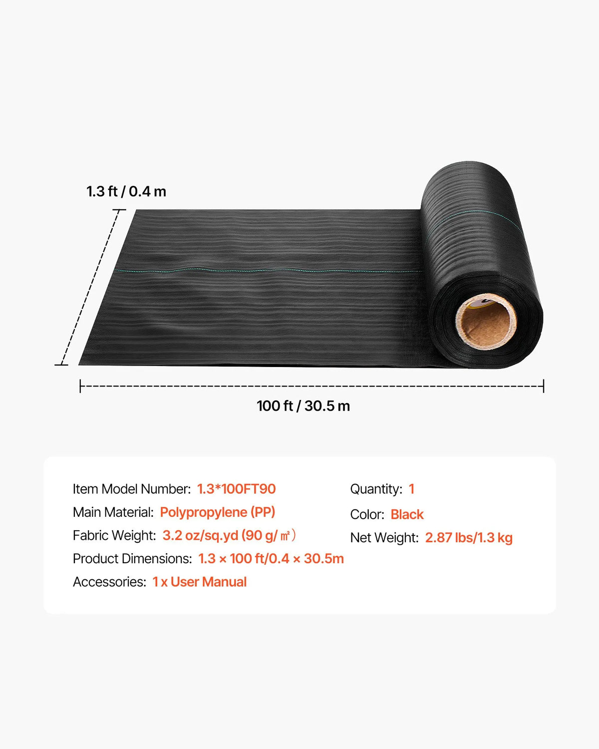 VEVOR nezāļu barjeras audums smagai slodzei, 0,4 x 30,5 m, 90,7 g/m² austs ainavu segums, nezāļu ierobežošanas pārklājums dārzam, ģeotekstila pamatne, melns - ZEMLETES.LV