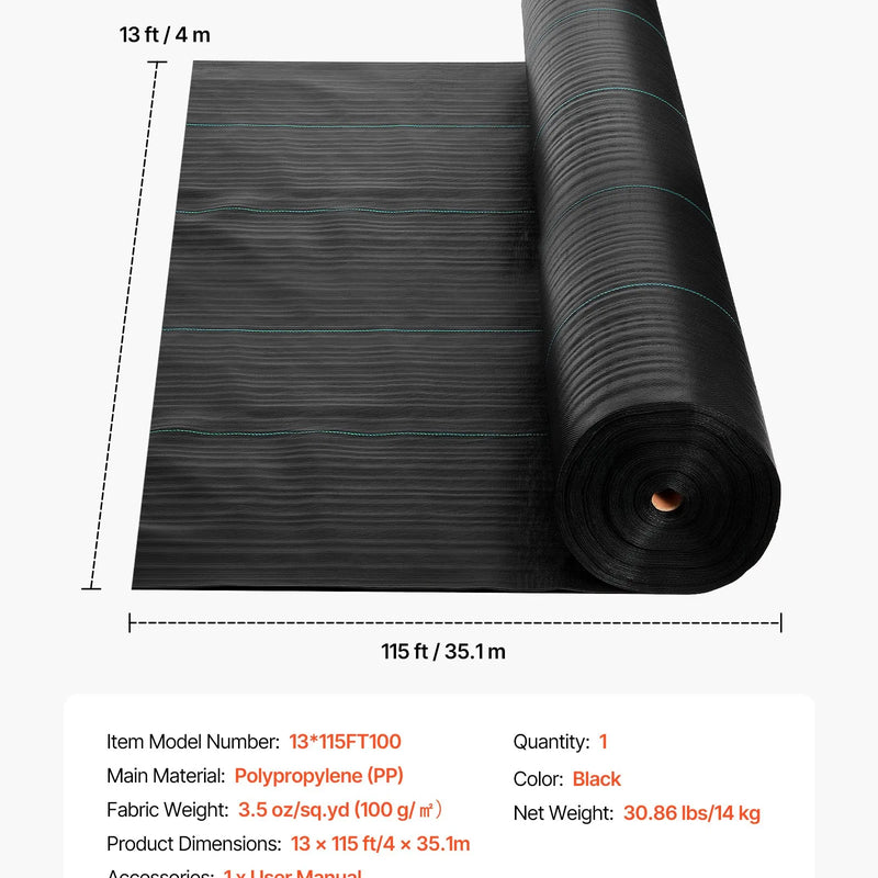 VEVOR nezāļu barjeras audums smagai slodzei, 4 x 35,1 m, 99,2 g/m² austs ainavu segums, nezāļu ierobežošanas pārklājums dārzam, ģeotekstila pamatne, melns - ZEMLETES.LV
