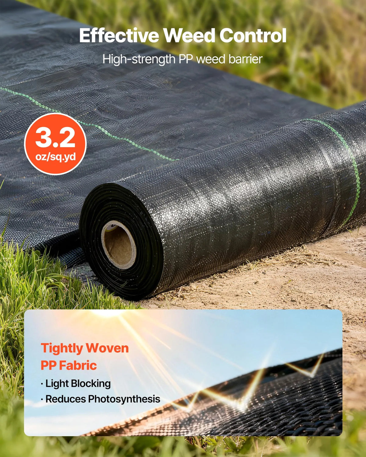 VEVOR pretnezāļu audums 0,4 × 15,2 m, 90,7 g/m², austs ainavu segums, nezāļu kontroles ģeotekstils, dārza seguma paklājs, melns - ZEMLETES.LV