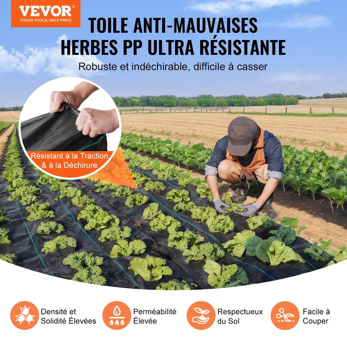 VEVOR nezāļu barjeras ainavu audums, 1 × 50 m smagās klases dārza nezāļu audums, austs PP nezāļu kontroles audums, piebraucamā ceļa audums, ģeotekstila audums ainavu veidošanai, zemes segums, nezāļu bloķēšanas paklājs, melns - ZEMLETES.LV