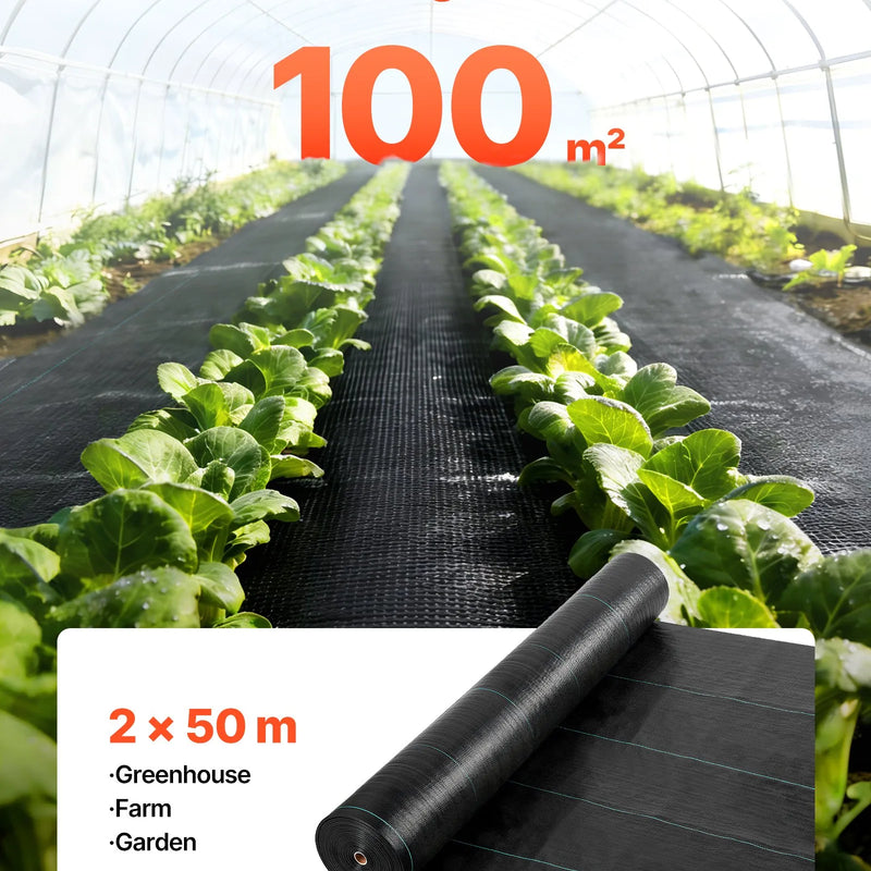 VEVOR nezāļu barjeras audums 2 x 50 m, 100 g/m² austs PP dārza segums ar augstu blīvumu, ūdens caurlaidīgs pārklājums celiņiem, grantij un dārza zonām - ZEMLETES.LV