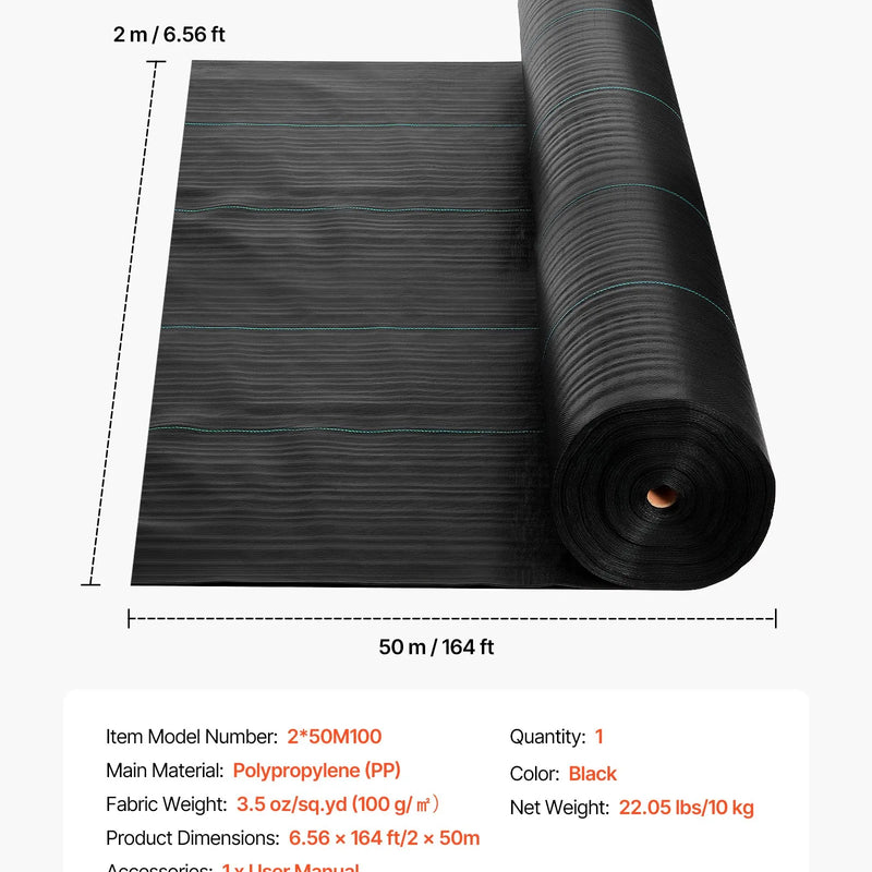 VEVOR nezāļu barjeras audums 2 x 50 m, 100 g/m² austs PP dārza segums ar augstu blīvumu, ūdens caurlaidīgs pārklājums celiņiem, grantij un dārza zonām - ZEMLETES.LV