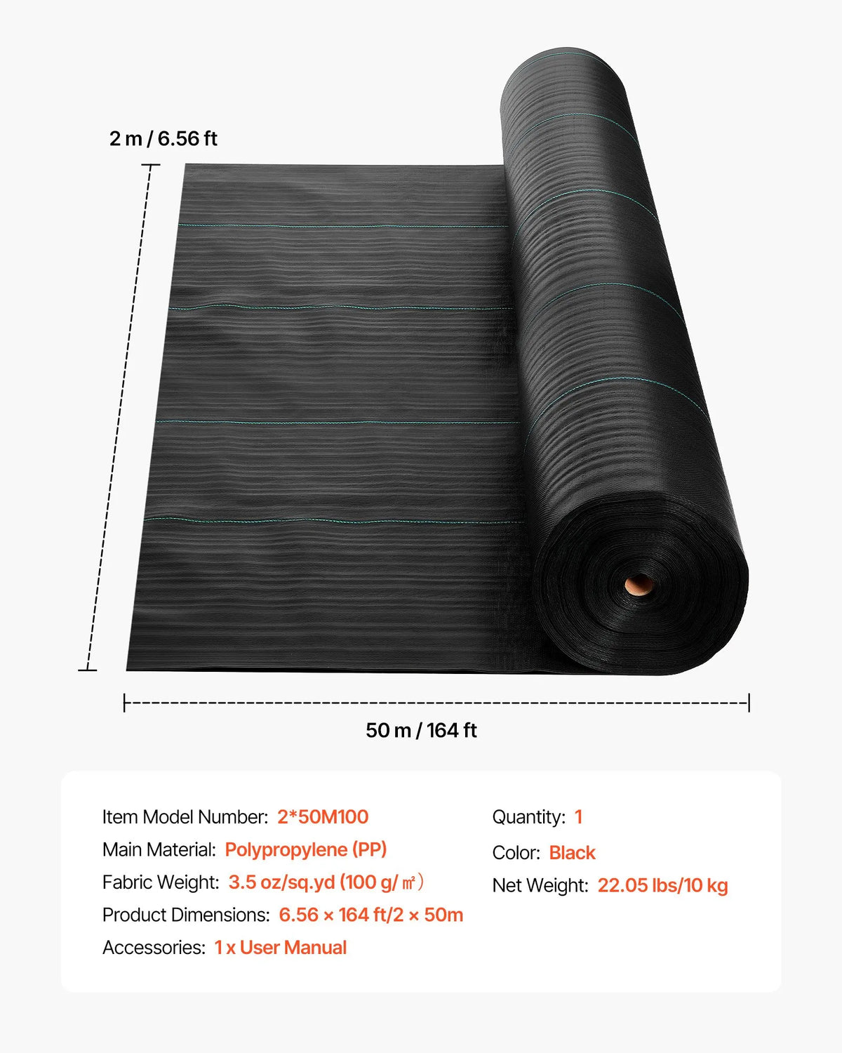 VEVOR nezāļu barjeras audums 2 x 50 m, 100 g/m² austs PP dārza segums ar augstu blīvumu, ūdens caurlaidīgs pārklājums celiņiem, grantij un dārza zonām - ZEMLETES.LV
