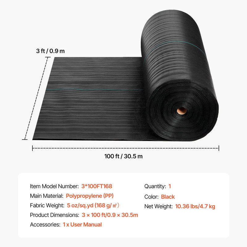 VEVOR nezāļu barjeras audums smagai slodzei, 0,9 x 30,5 m, 141,7 g/m² austs ainavu segums, nezāļu ierobežošanas pārklājums dārzam, ģeotekstila pamatne, melns - ZEMLETES.LV