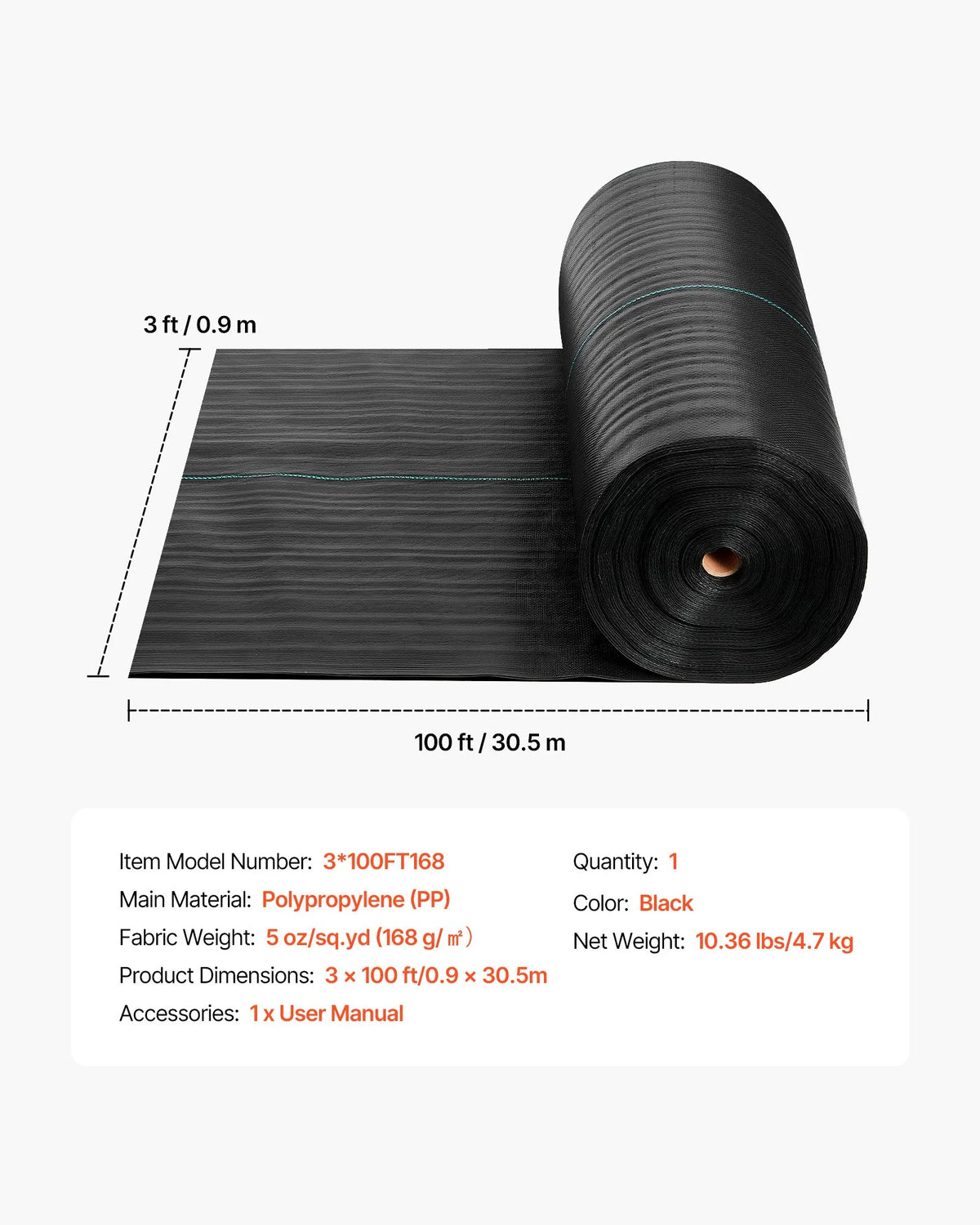 VEVOR nezāļu barjeras audums smagai slodzei, 0,9 x 30,5 m, 141,7 g/m² austs ainavu segums, nezāļu ierobežošanas pārklājums dārzam, ģeotekstila pamatne, melns - ZEMLETES.LV