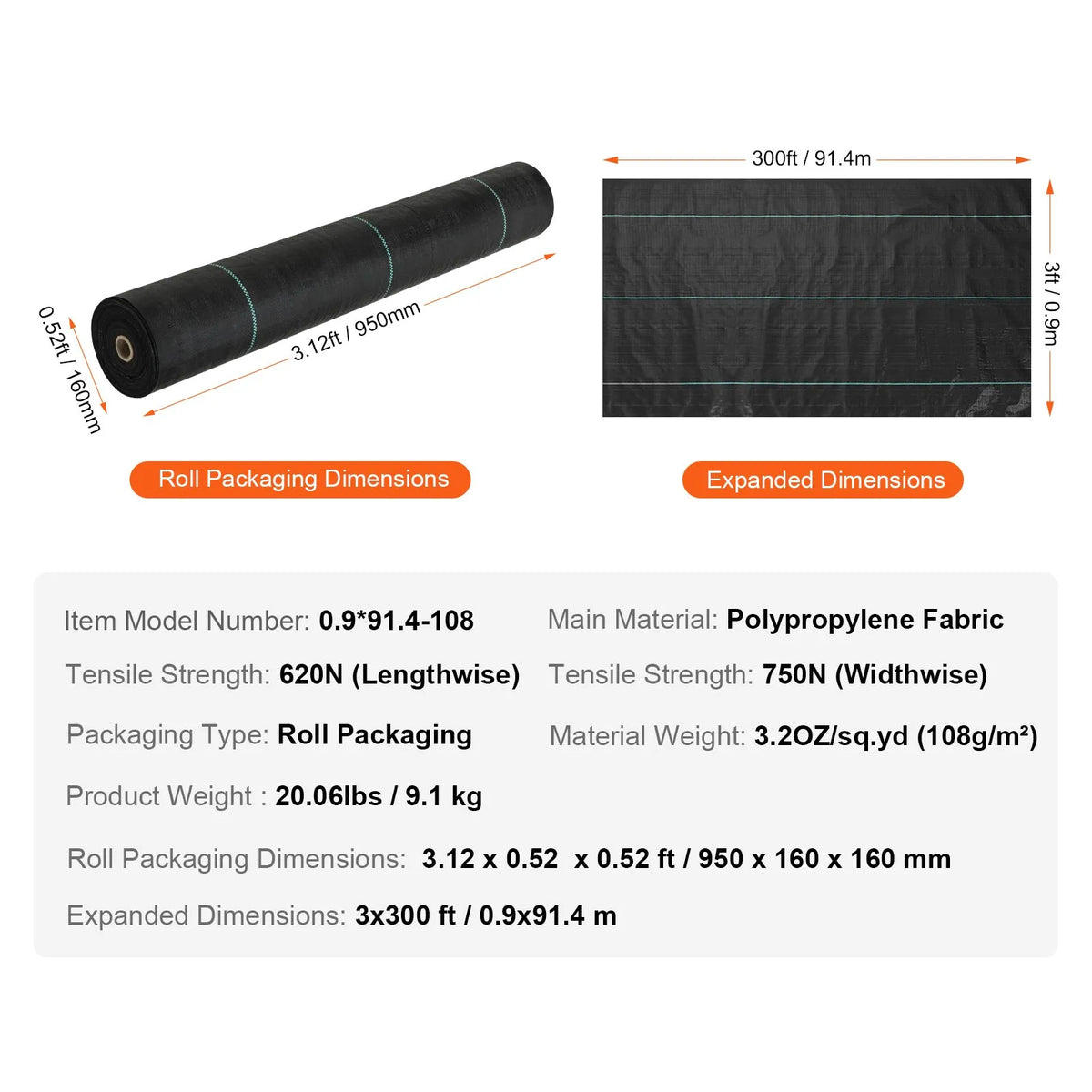 VEVOR Nezāļu barjeras ainavu audums, 0,91 × 91,44 m smagās klases dārza nezāļu audums, austs PP nezāļu kontroles audums, piebraucamā ceļa audums, ģeotekstila audums ainavu veidošanai, zemes segums, nezāļu bloķēšanas paklājs, melns - ZEMLETES.LV