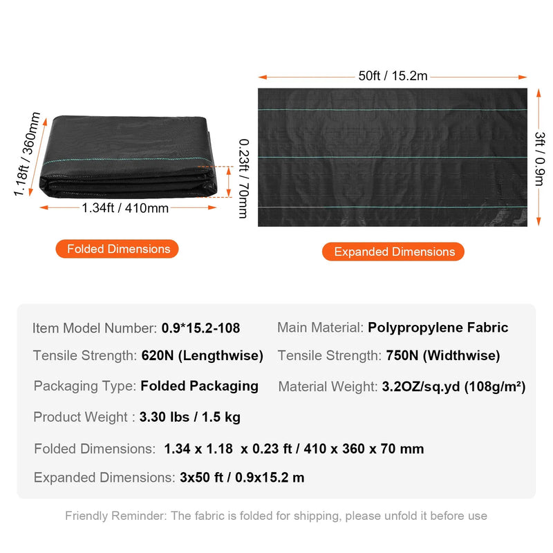 VEVOR 0,9 x 15,2 m Premium izturīgs nezāļu kontroles ainavu audums, 3,2 OZ austs ģeotekstils zem grants, augsta caurlaidība nezāļu bloķēšanas paklājam, piebraucamā ceļa audums, dārza nezāļu kontroles pārklājs - ZEMLETES.LV