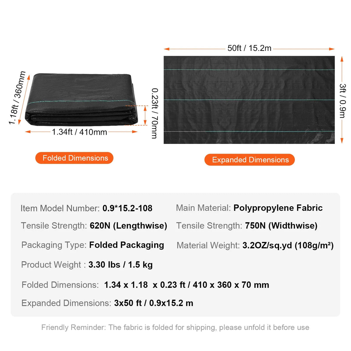 VEVOR 0,9 x 15,2 m Premium izturīgs nezāļu kontroles ainavu audums, 3,2 OZ austs ģeotekstils zem grants, augsta caurlaidība nezāļu bloķēšanas paklājam, piebraucamā ceļa audums, dārza nezāļu kontroles pārklājs - ZEMLETES.LV